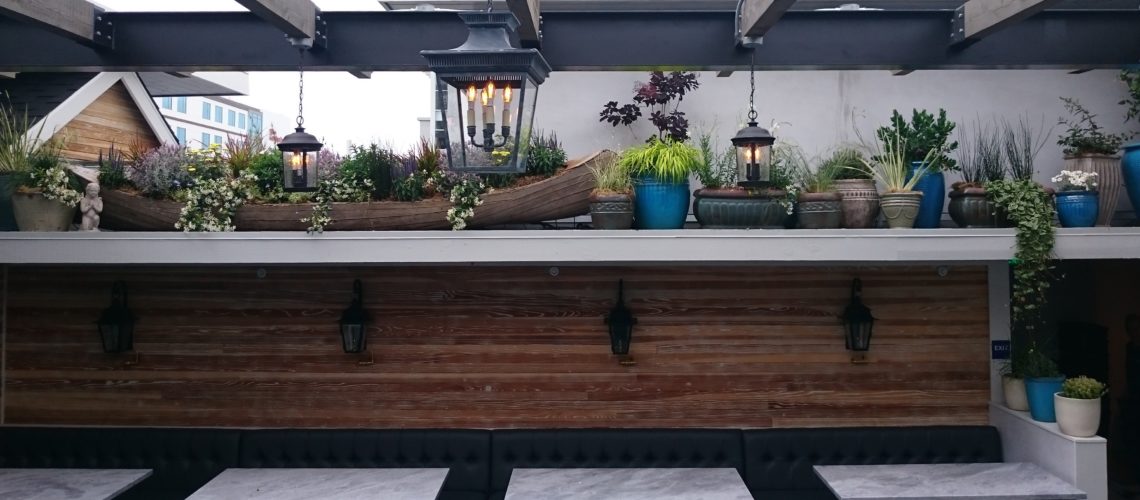 This patio space features both edibles and non-edibles surrounding a canoe on the balcony!